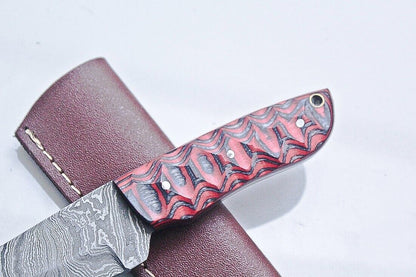 Custom Handmade Damascus Skinner Knife with Paka Wood Handle and Leather Sheath