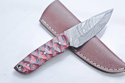 Custom Handmade Damascus Skinner Knife with Paka Wood Handle and Leather Sheath