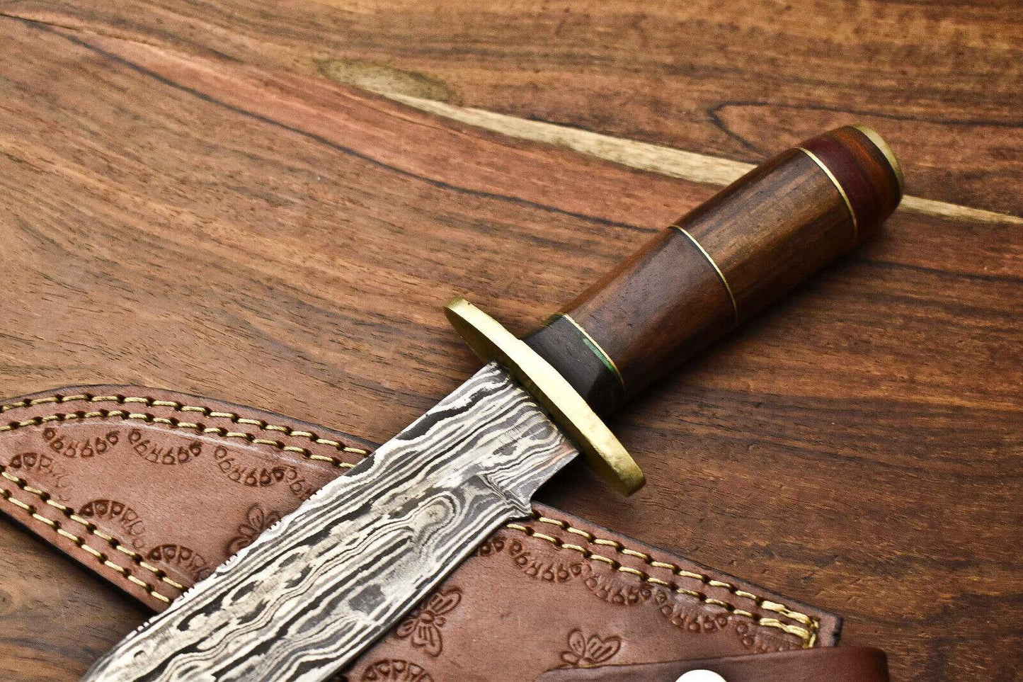 Heritage Forge Damascus Bowie Knife with Walnut Wood Handle for Hunting and Camping