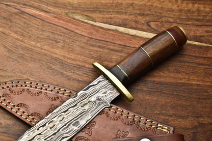 Heritage Forge Damascus Bowie Knife with Walnut Wood Handle for Hunting and Camping