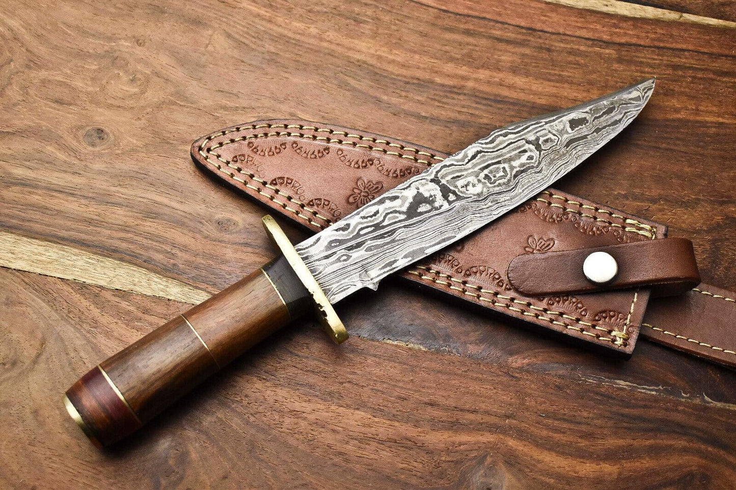 Heritage Forge Damascus Bowie Knife with Walnut Wood Handle for Hunting and Camping