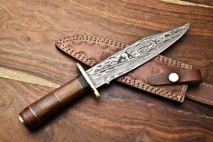 Heritage Forge Damascus Bowie Knife with Walnut Wood Handle for Hunting and Camping