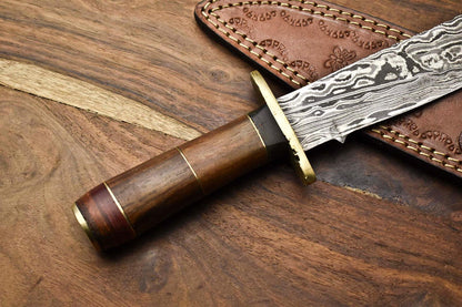 Heritage Forge Damascus Bowie Knife with Walnut Wood Handle for Hunting and Camping