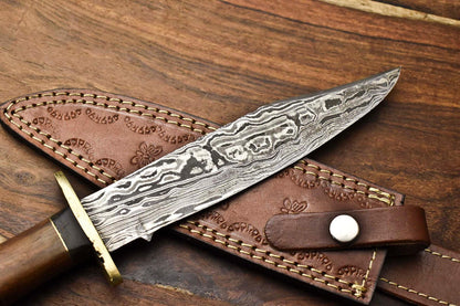 Heritage Forge Damascus Bowie Knife with Walnut Wood Handle for Hunting and Camping