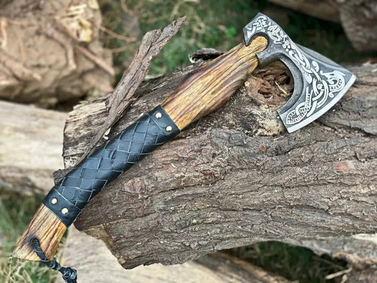 Custom Replica Viking Axe with Etched Carbon Steel Head and Wooden Handle for Camping and Bushcraft