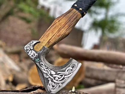 Custom Replica Viking Axe with Etched Carbon Steel Head and Wooden Handle for Camping and Bushcraft