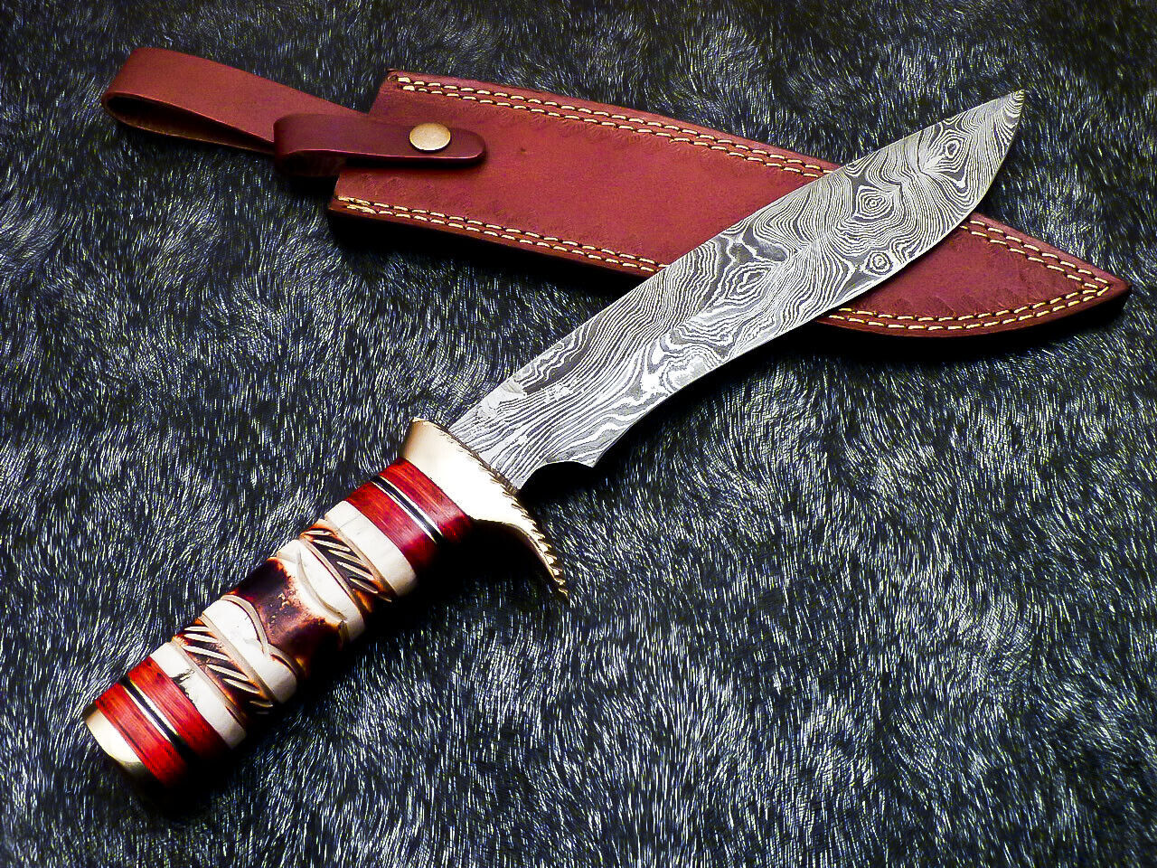 15" Hand Forged Damascus Bowie Hunting Knife – Engraving Camel Bone Handle
