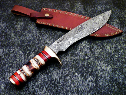 15" Hand Forged Damascus Bowie Hunting Knife – Engraving Camel Bone Handle