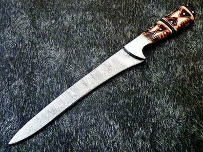 13" Handmade Damascus Chef Fillet Knife – Camel Bone Handle, Professional Kitchen & Hunting Knife