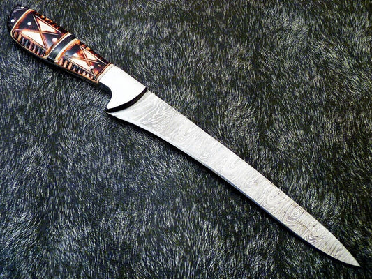 13" Handmade Damascus Chef Fillet Knife – Camel Bone Handle, Professional Kitchen & Hunting Knife