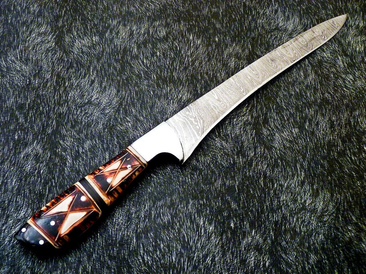 13" Handmade Damascus Chef Fillet Knife – Camel Bone Handle, Professional Kitchen & Hunting Knife