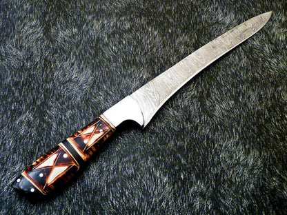 13" Handmade Damascus Chef Fillet Knife – Camel Bone Handle, Professional Kitchen & Hunting Knife