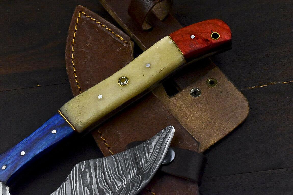 Handmade Damascus Steel Camel Bone Hunting Clever Chopper Axe Knife with Leather Sheath