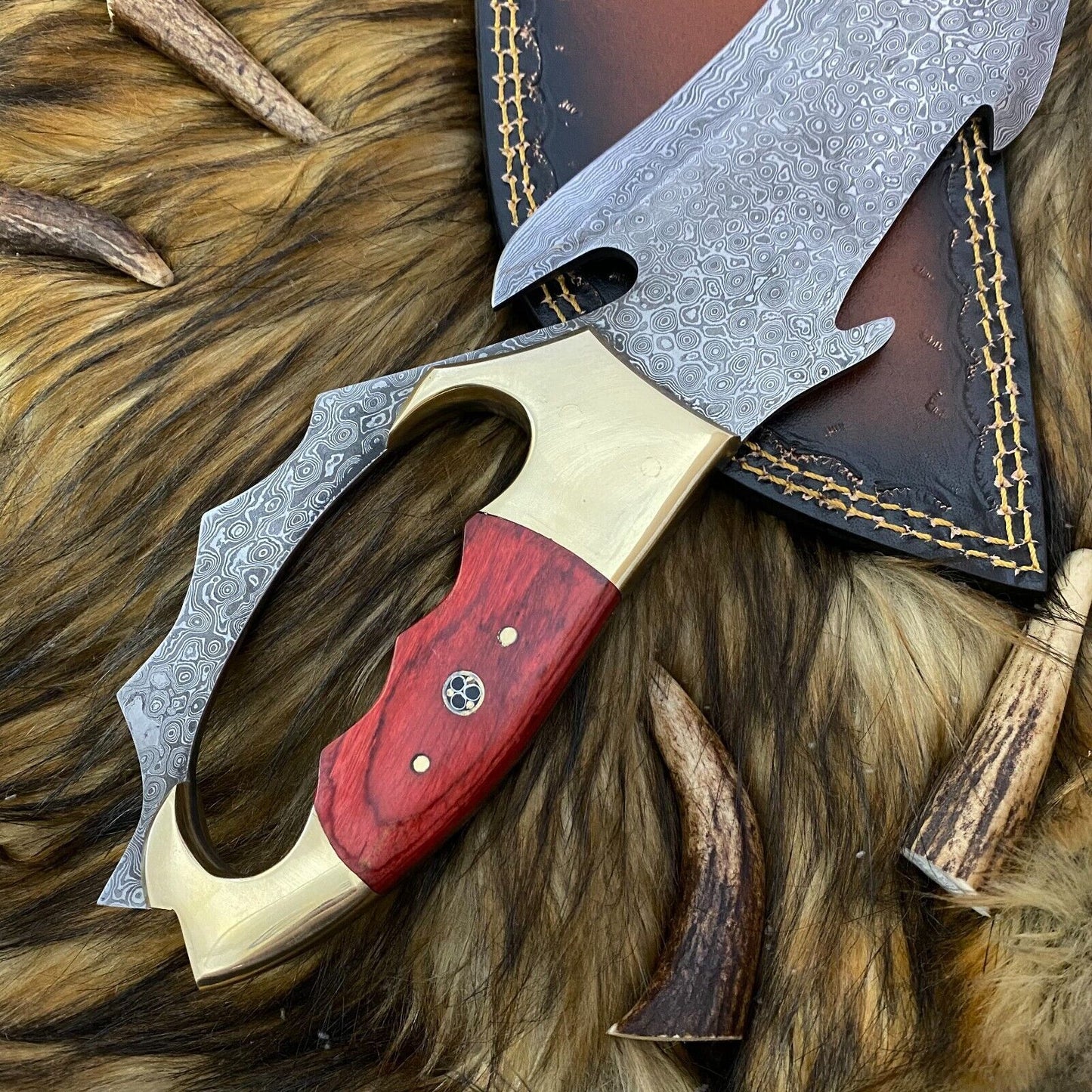 Heritage Forge Full Tang Damascus Steel Bowie Knife with Rosewood Handle and Leather Sheath