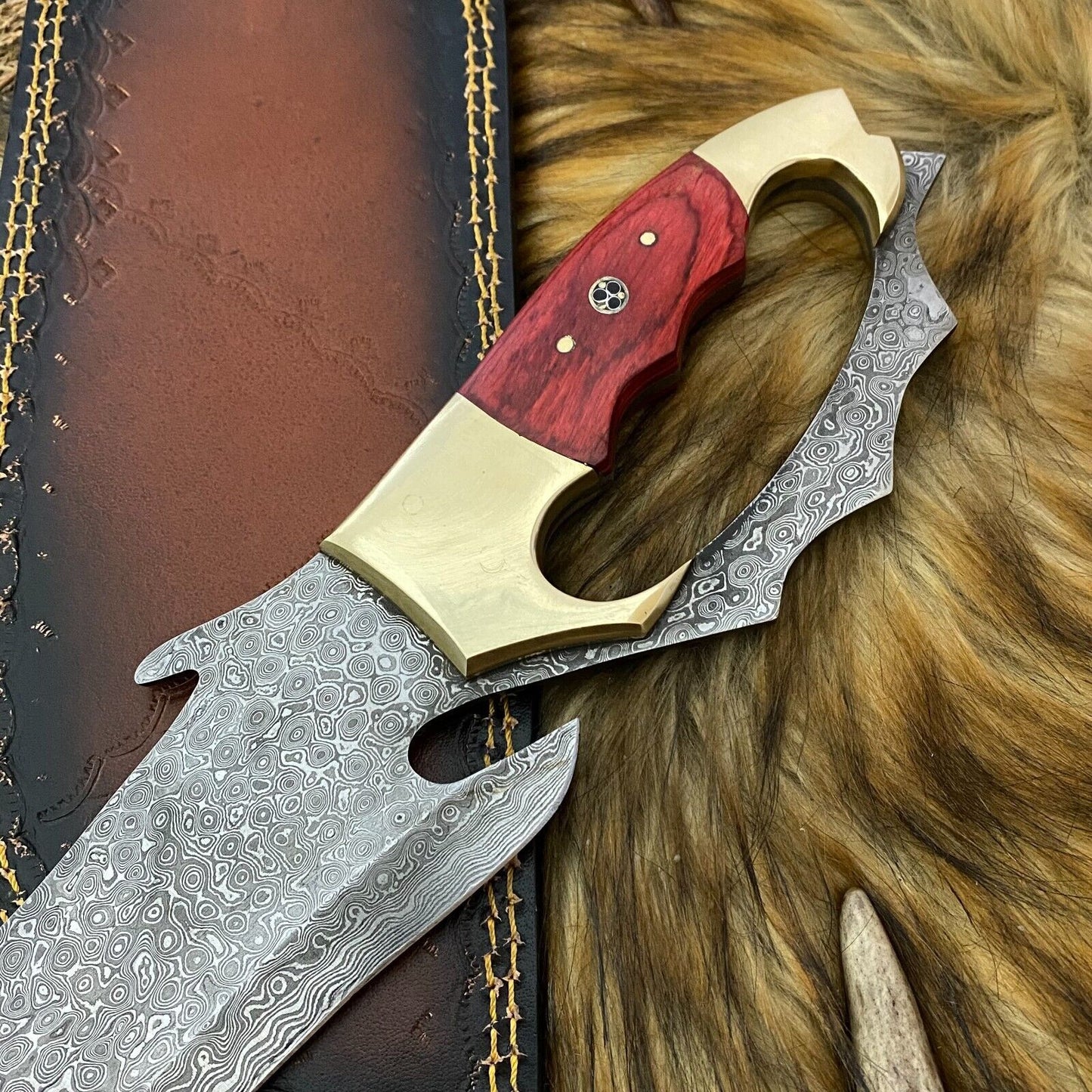 Heritage Forge Full Tang Damascus Steel Bowie Knife with Rosewood Handle and Leather Sheath