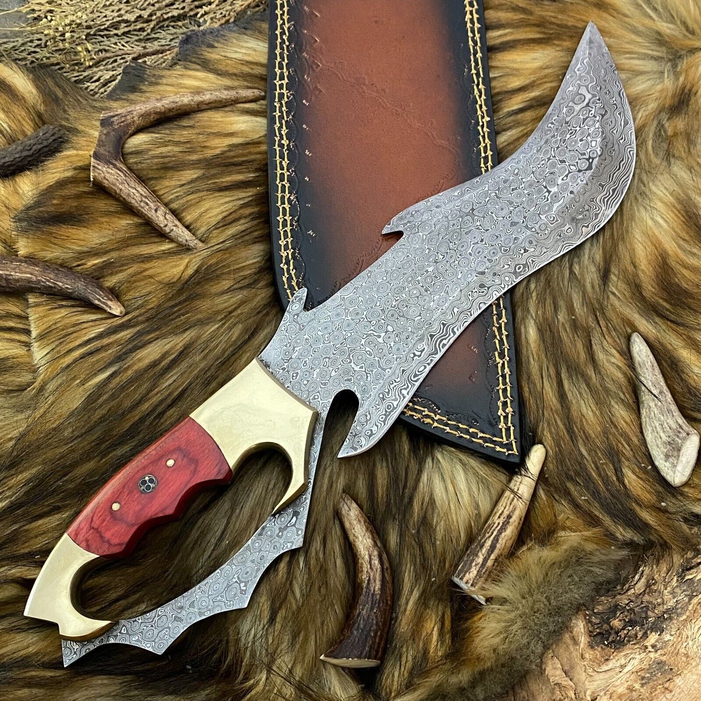 Heritage Forge Full Tang Damascus Steel Bowie Knife with Rosewood Handle and Leather Sheath