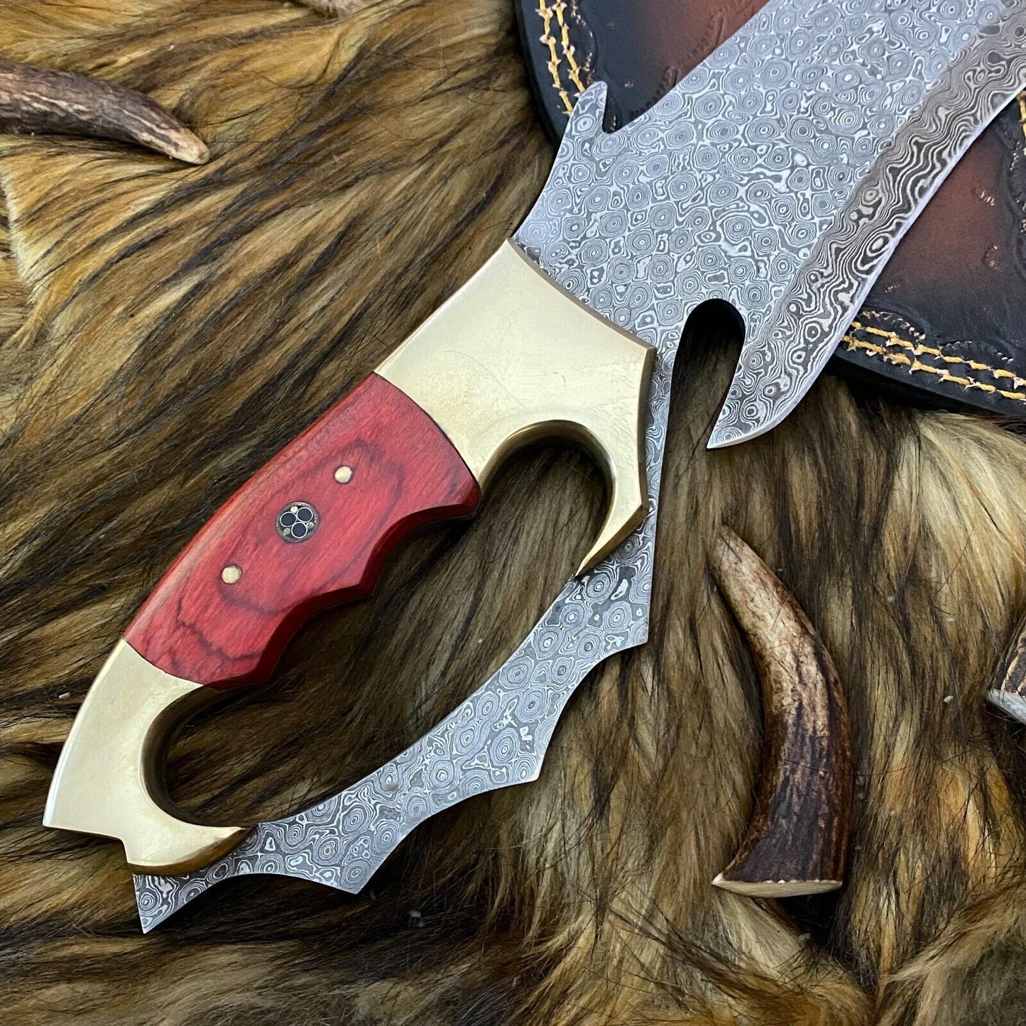 Heritage Forge Full Tang Damascus Steel Bowie Knife with Rosewood Handle and Leather Sheath