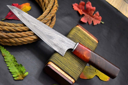 Custom San Mai Damascus Steel Chef Knife Handmade – Walnut & Resin Handle, 12.5"