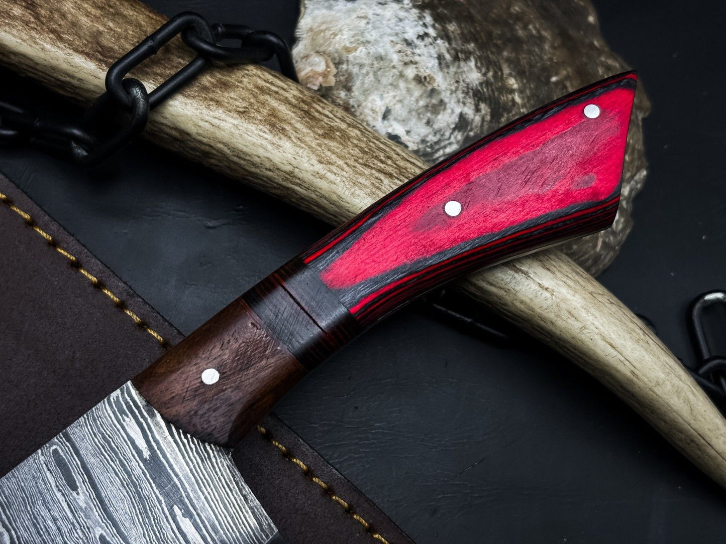 Handmade Damascus Steel Kitchen Chef Cleaver Knife – Wood Handle with Cowhide Sheath