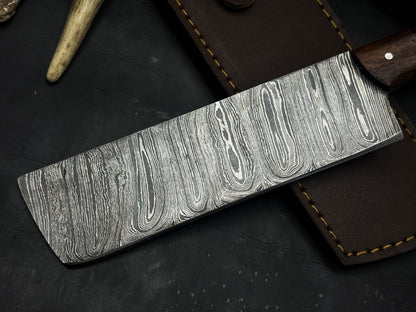 Handmade Damascus Steel Kitchen Chef Cleaver Knife – Wood Handle with Cowhide Sheath