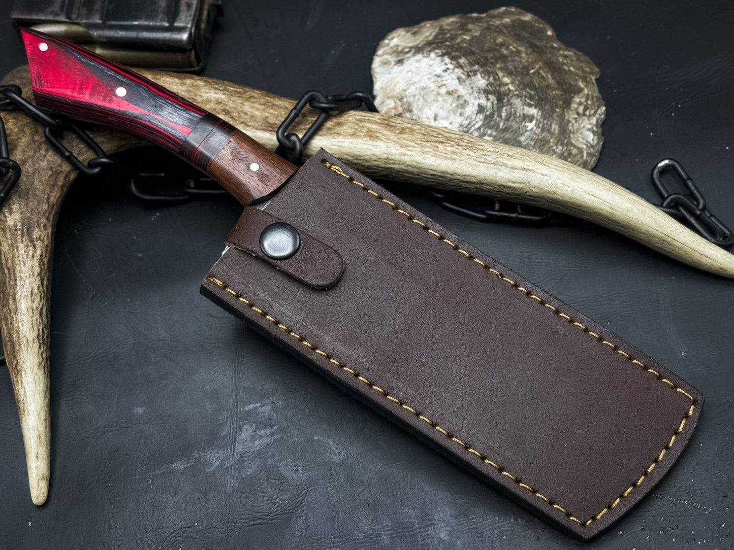 Handmade Damascus Steel Kitchen Chef Cleaver Knife – Wood Handle with Cowhide Sheath