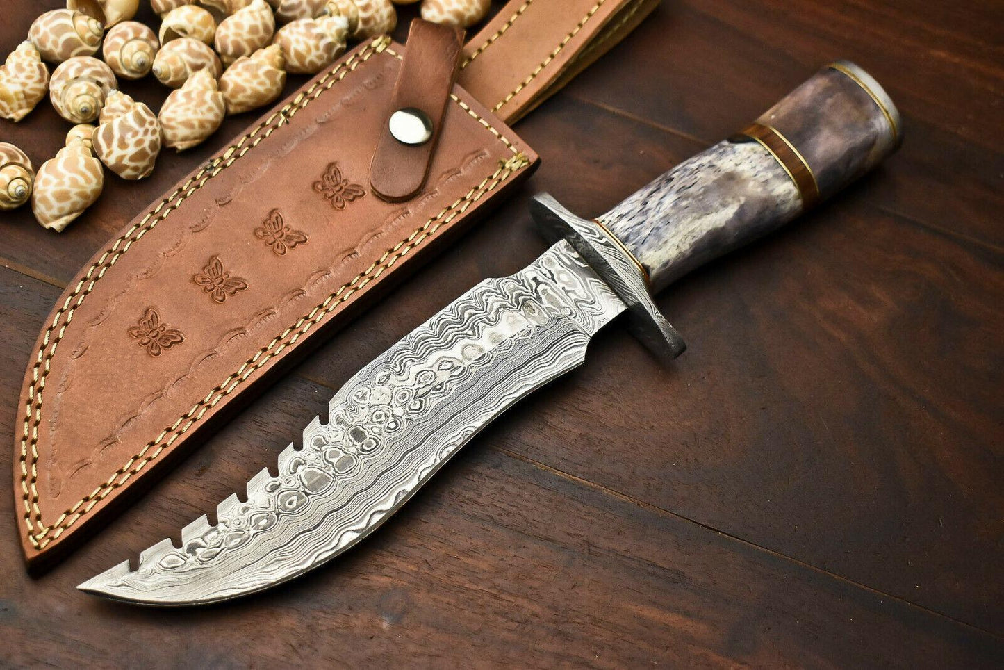 Damascus Steel Bowie Knife | Camel Bone Handle