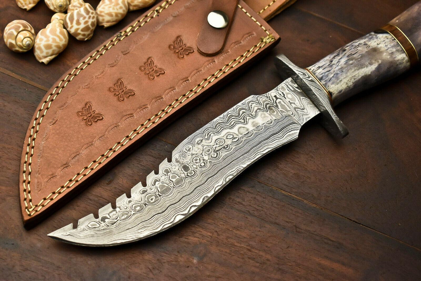 Damascus Steel Bowie Knife | Camel Bone Handle