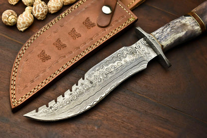 Damascus Steel Bowie Knife | Camel Bone Handle
