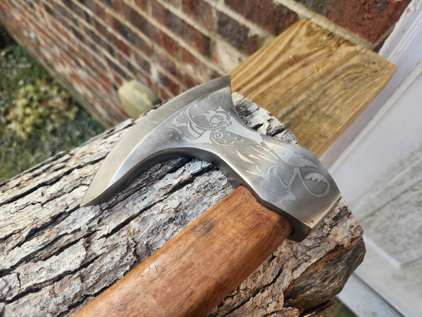 Handmade Carbon Steel Viking Axe with Wooden Handle and Leather Sheath