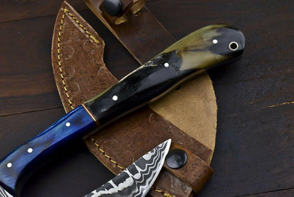 Hand Forged Damascus Axe Ram's Horn Handle Damascus Steel Axe Clever Chopper Knife with Leather Sheath
