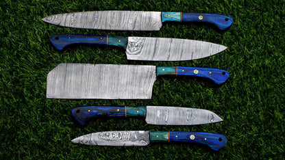 5-Piece Handmade Damascus Steel Chef Knife Set – Custom Kitchen Knives