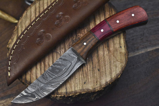 8" Handcrafted Twist Damascus Skinner Knife Hardwood Handle Wooden Bolster Gift