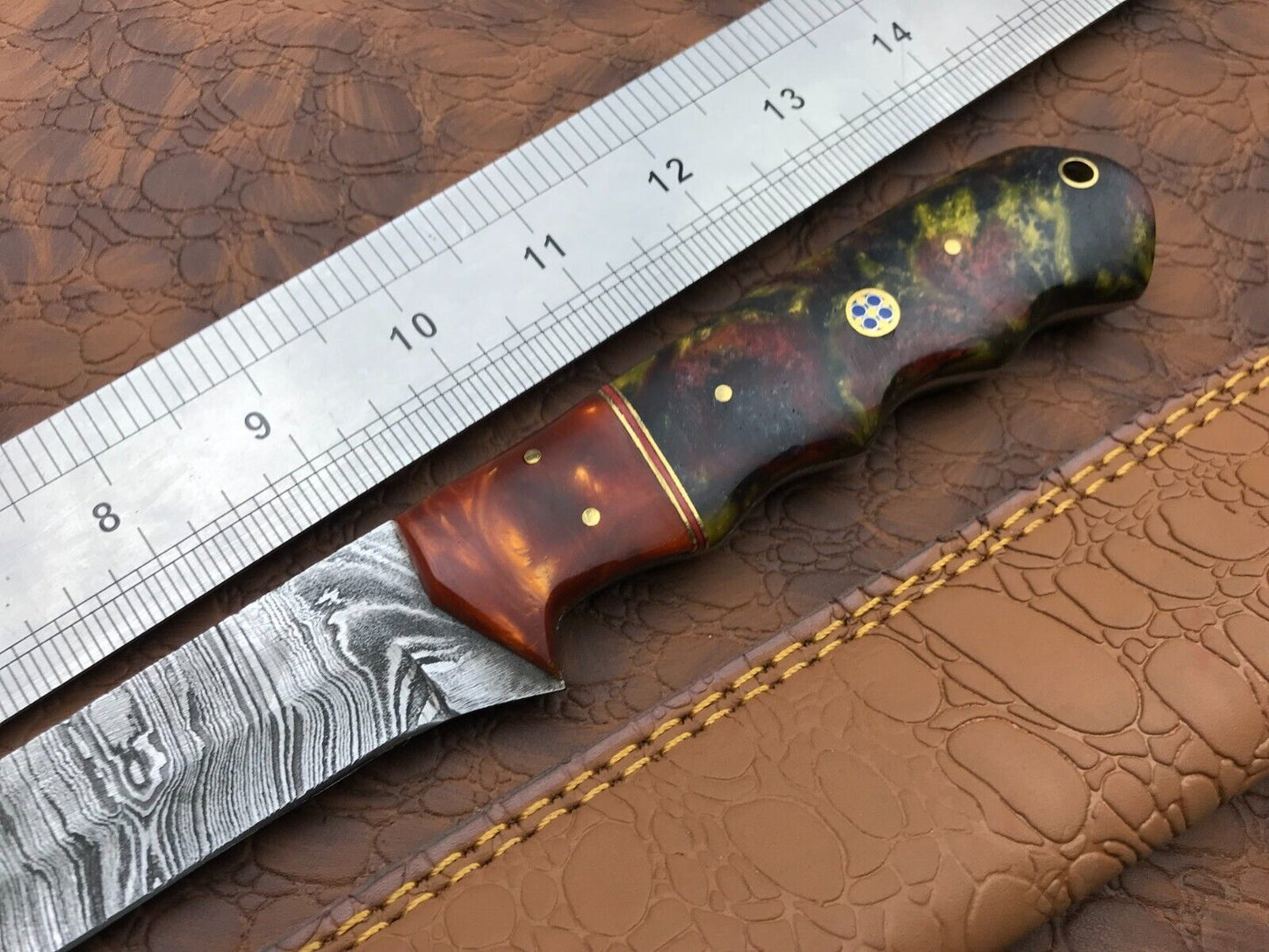 Hand Forged Damascus Fillet Knife 14" Fillet Knife with Leather Sheath