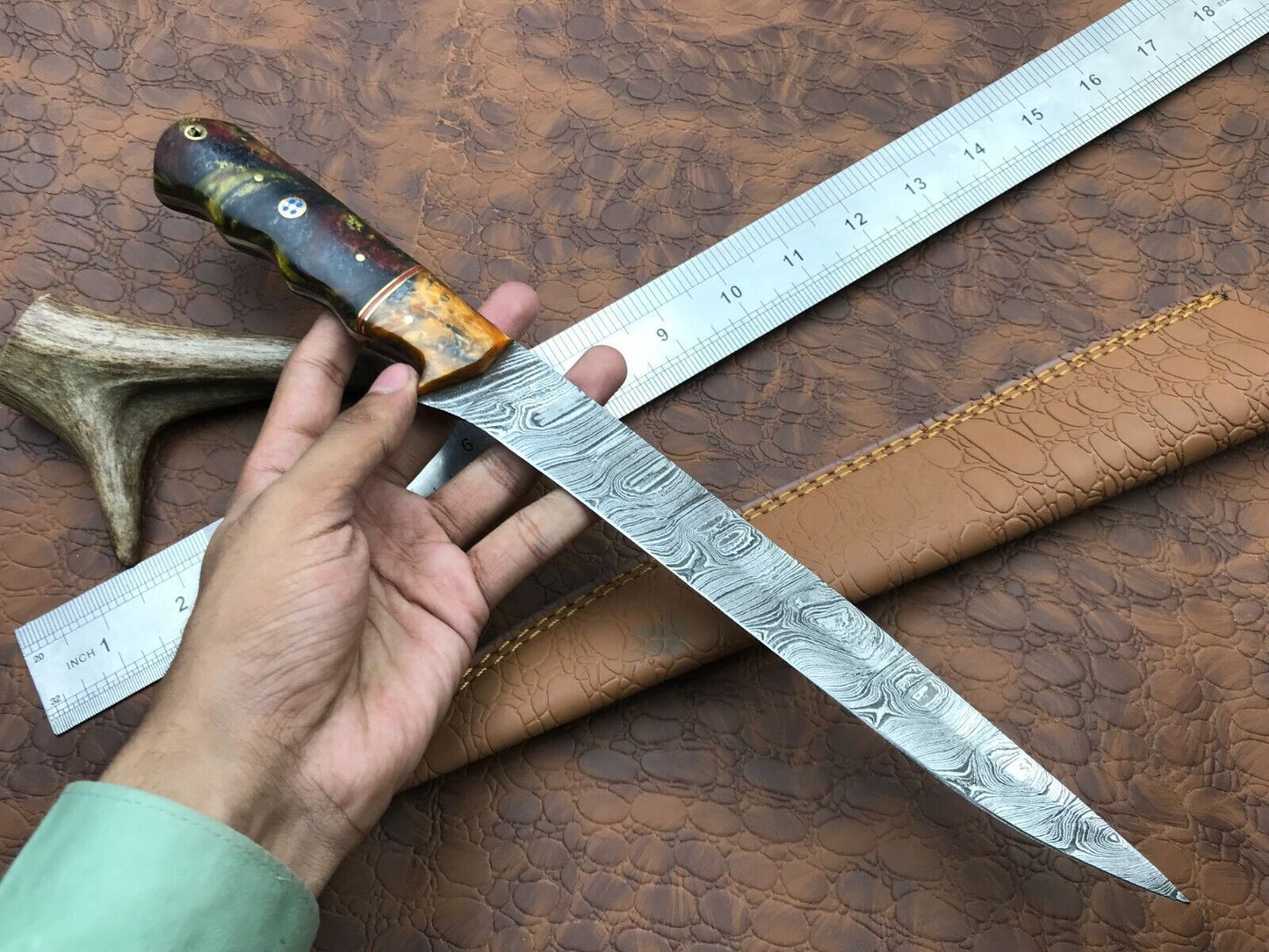 Hand Forged Damascus Fillet Knife 14" Fillet Knife with Leather Sheath