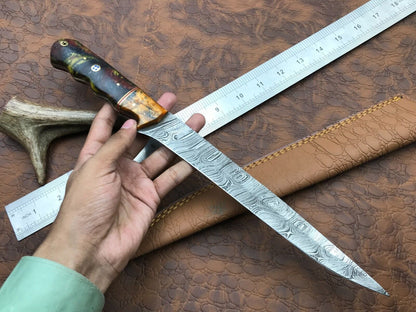 Hand Forged Damascus Fillet Knife 14" Fillet Knife with Leather Sheath