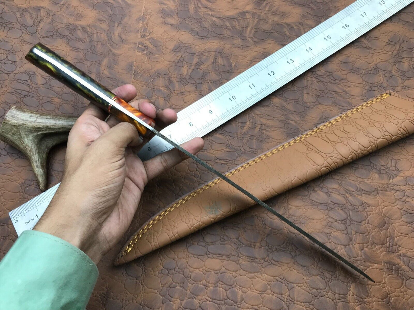 Hand Forged Damascus Fillet Knife 14" Fillet Knife with Leather Sheath