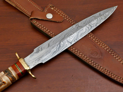 15" Damascus Art Dagger Hunting Bowie Knife – Burn Engraved Camel Bone Handle