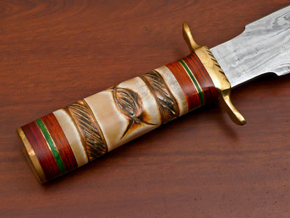 15" Damascus Art Dagger Hunting Bowie Knife – Burn Engraved Camel Bone Handle