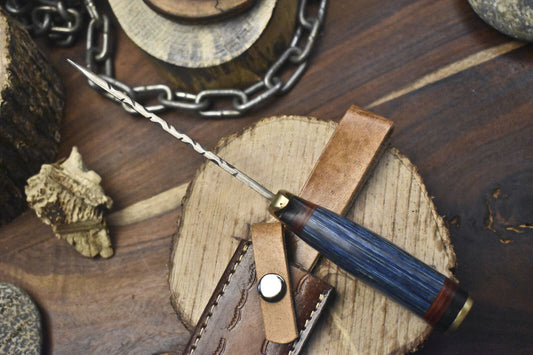 Hand Forged Hunting Skinner Knife Rain Drop Damascus Hard Wood Brass Guard with Leather Sheath