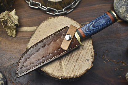Hand Forged Hunting Skinner Knife Rain Drop Damascus Hard Wood Brass Guard with Leather Sheath