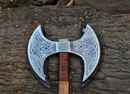 Hand Forged Double Head Viking Axe | High Carbon Steel | Handmade Gift with Leather Sheath