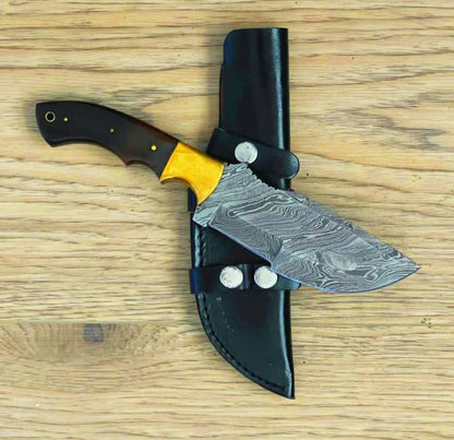 Handmade Damascus Steel Fixed Blade Tracker Knife 10 Inches with Wood Handle and Leather Sheath – Hunting, Camping & Survival