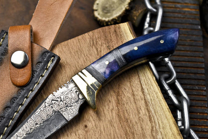 Custom Forged Raindrop Damascus Skinner Knife & Leather Sheath