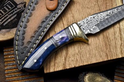 Custom Forged Raindrop Damascus Skinner Knife & Leather Sheath