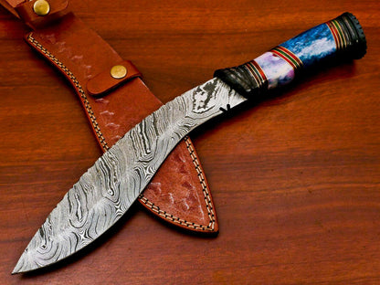 15" Handmade Damascus Khukri Bowie Knife | Bone & Wood Handle