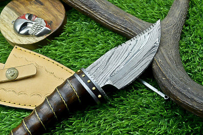 9.5" Damascus Bowie Knife with Wood Handle & Steel Bolster