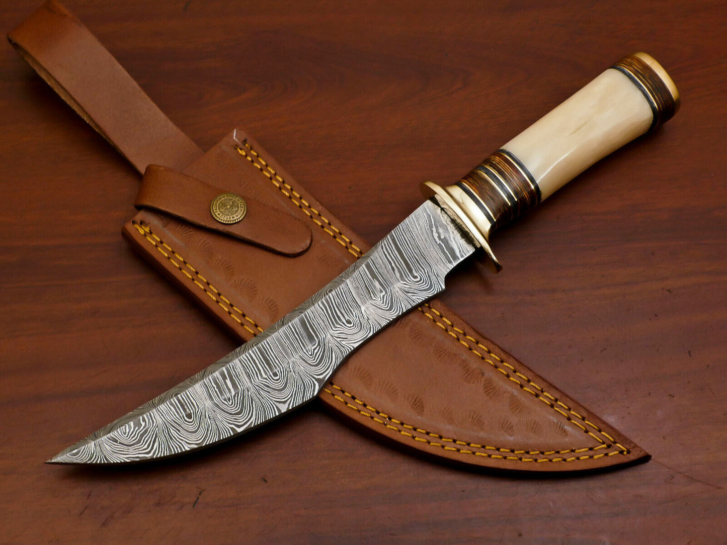 Heritage Forge Wildcrest Damascus Steel Bowie Knife with Camel Bone and Pakka Wood Handle