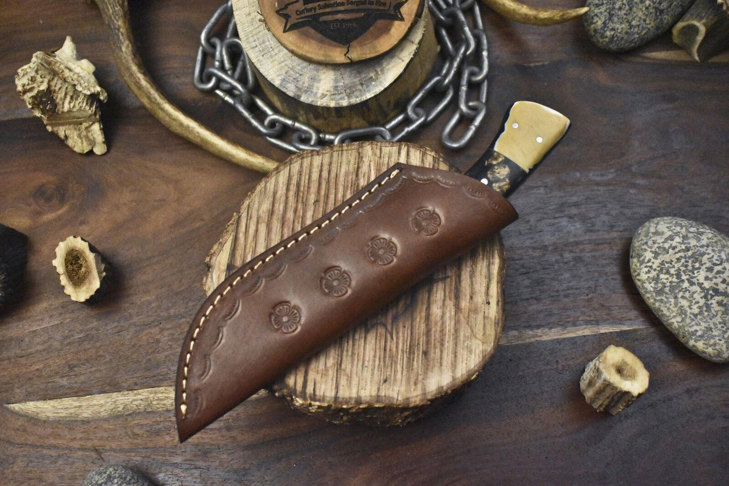 Custom Forged Twist Damascus Skinner Knife with Corain Handle for Fishing and Hunting