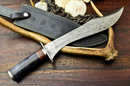 15" Handmade Damascus Steel Bowie Knife – Camel Bone Handle with Leather Sheath