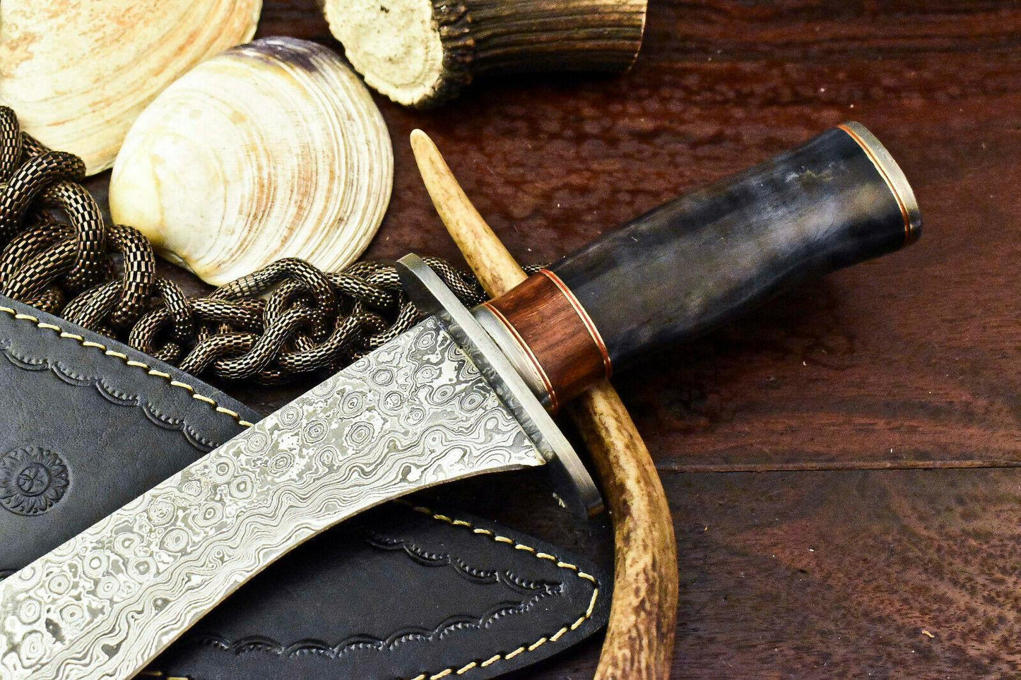 15" Handmade Damascus Steel Bowie Knife – Camel Bone Handle with Leather Sheath